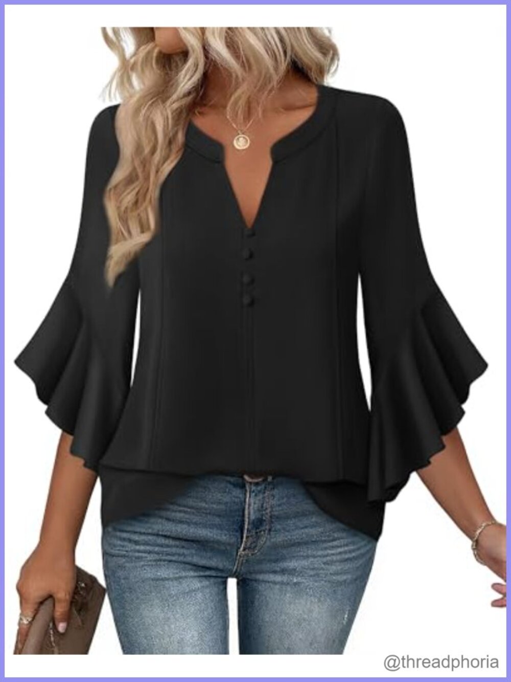 Womens Chiffon Blouse 3/4 Ruffle Sleeve Henley V Neck Tunic Top